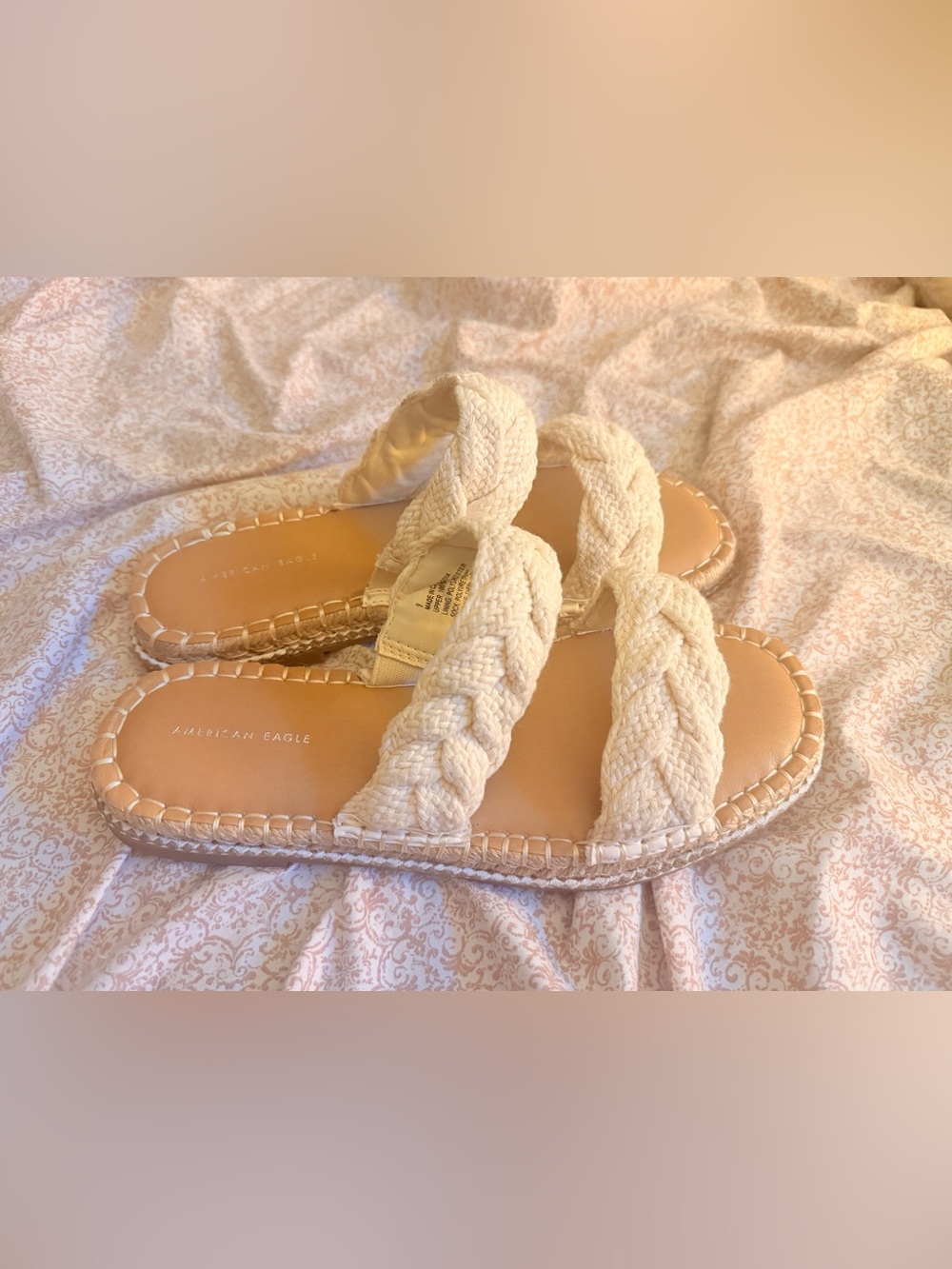 American Eagle Outfitters Cream Braided Double Strap Slide Sandals